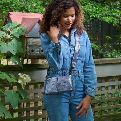 HOBO Premium - Darcy Crossbody In Metallic Leather - Blue Pewter